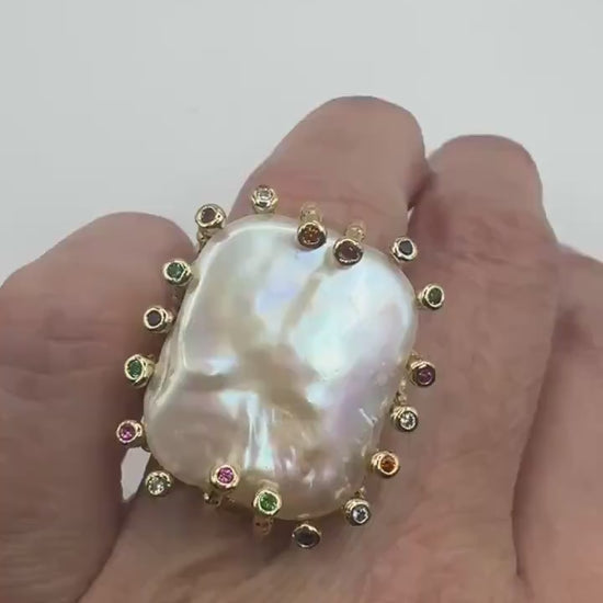 Vintage Biwa Pearl Ring Golden 925 Sterling Silver Cocktail Statement Adjustable