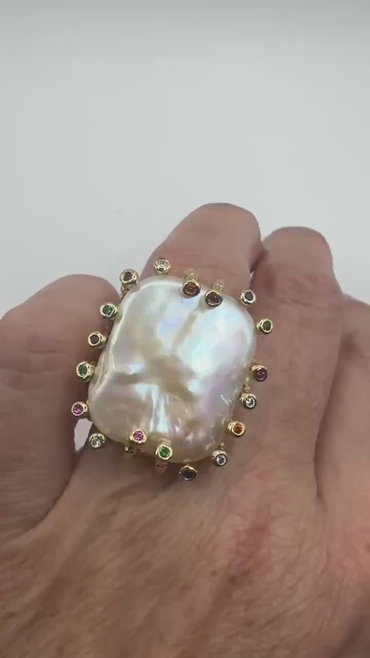 Vintage Biwa Pearl Ring Golden 925 Sterling Silver Cocktail Statement Adjustable