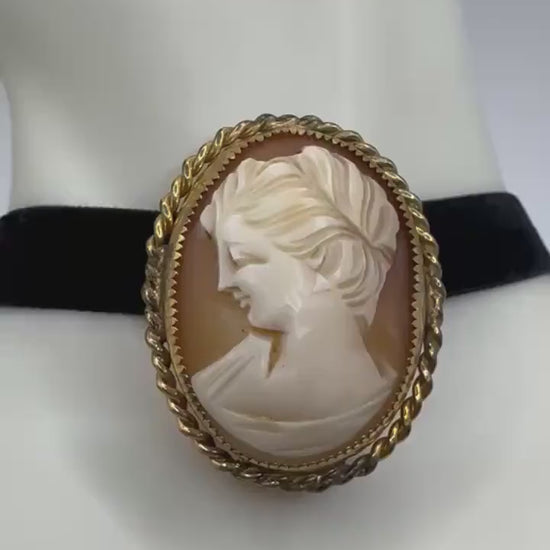 Vintage Shell Cameo Yellow Golden Filled Brooch Pin | black velvet ribbon choker