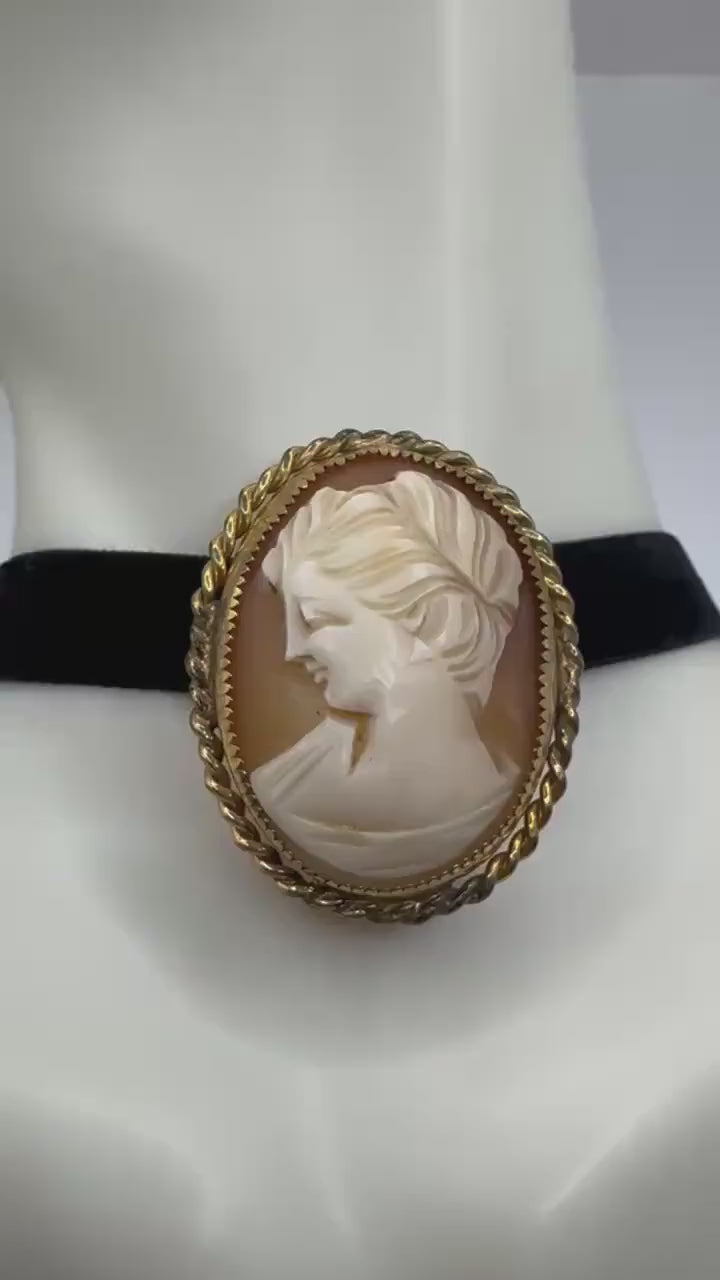 Vintage Shell Cameo Yellow Golden Filled Brooch Pin | black velvet ribbon choker
