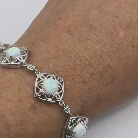 Vintage White Fire Opal Diamond Chip Bracelet 925 Sterling Silver