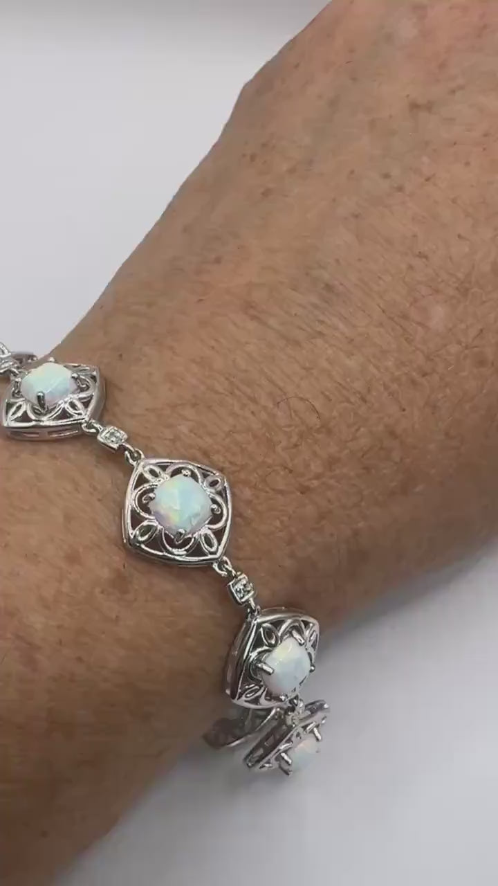 Vintage White Fire Opal Diamond Chip Bracelet 925 Sterling Silver