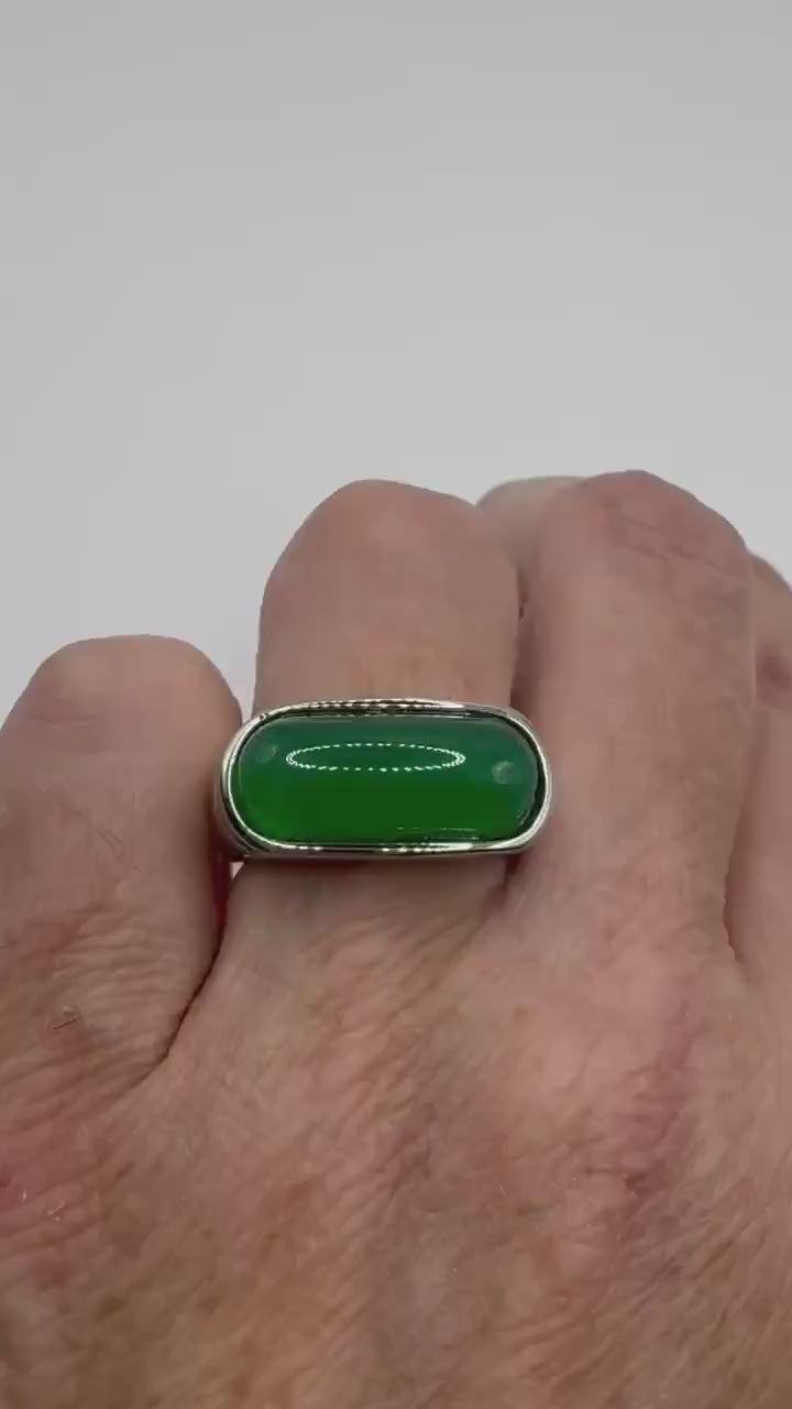 Vintage Green fun Jade silver stainless steel Mens Ring