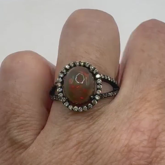 Vintage Fire Opal Sapphire Diamond Cocktail Ring 925 Sterling Silver Size 7