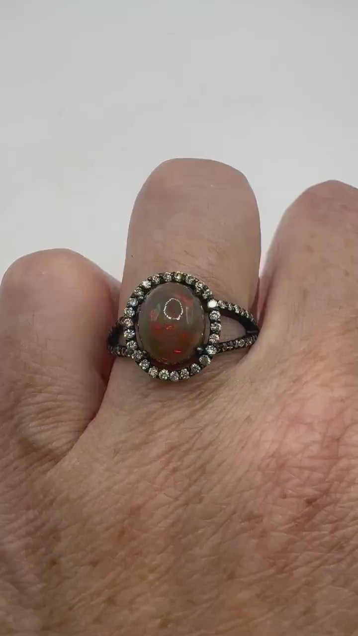 Vintage Fire Opal Sapphire Diamond Cocktail Ring 925 Sterling Silver Size 7