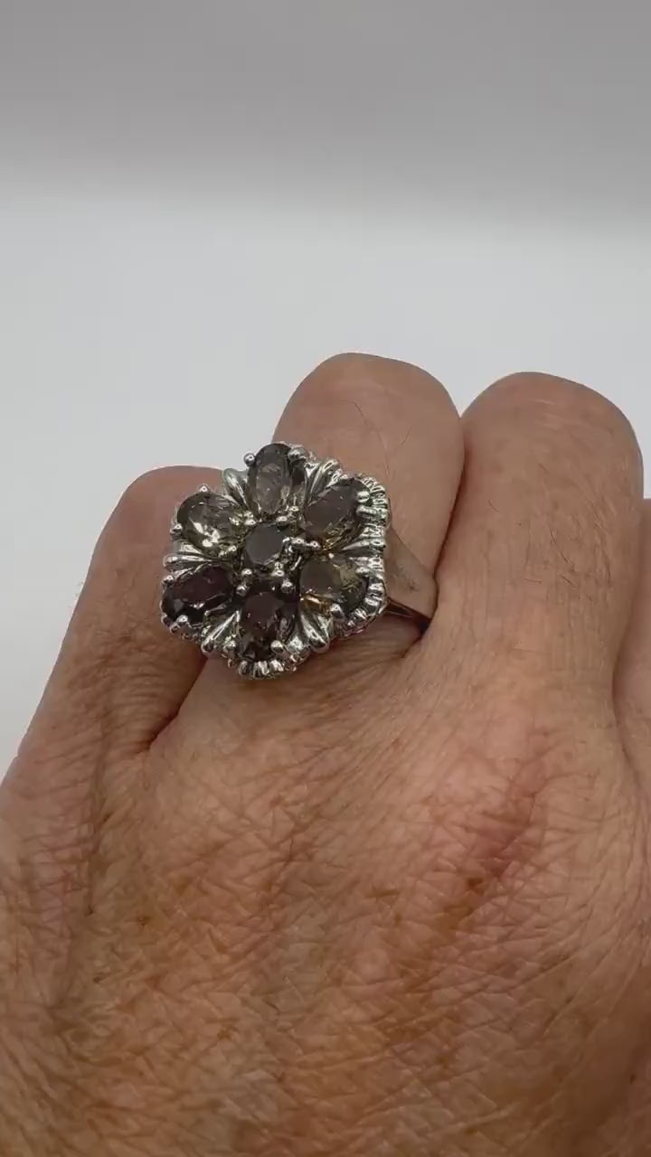 Vintage Genuine Smoky Topaz 925 Sterling Silver Flower Cocktail  Ring