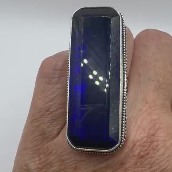 Vintage Blue Colbolt Glass Deco Cocktail Ring Size 6.5
