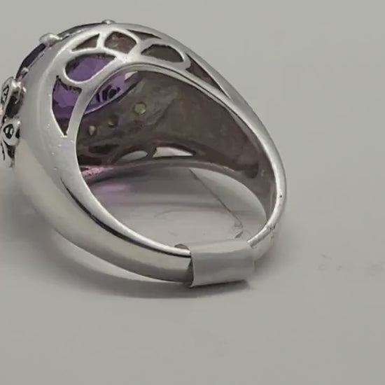 Vintage Purple Amethyst with Green Peridot Sidestones Ring in 925 Sterling Silver