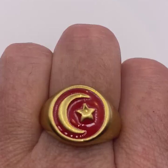 Vintage Golden Stainless Steel Muslim Star Cresant Mens Ring