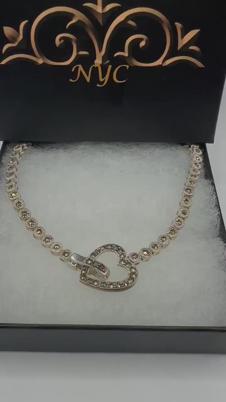 Vintage Deco Heart 925 Sterling Silver Marcasite Necklace