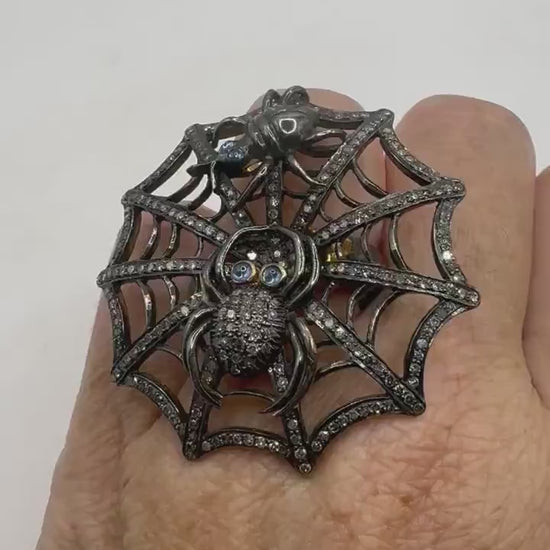 Vintage Spider Ring: Champagne Diamonds, Blue Iolite, Sterling Silver Web