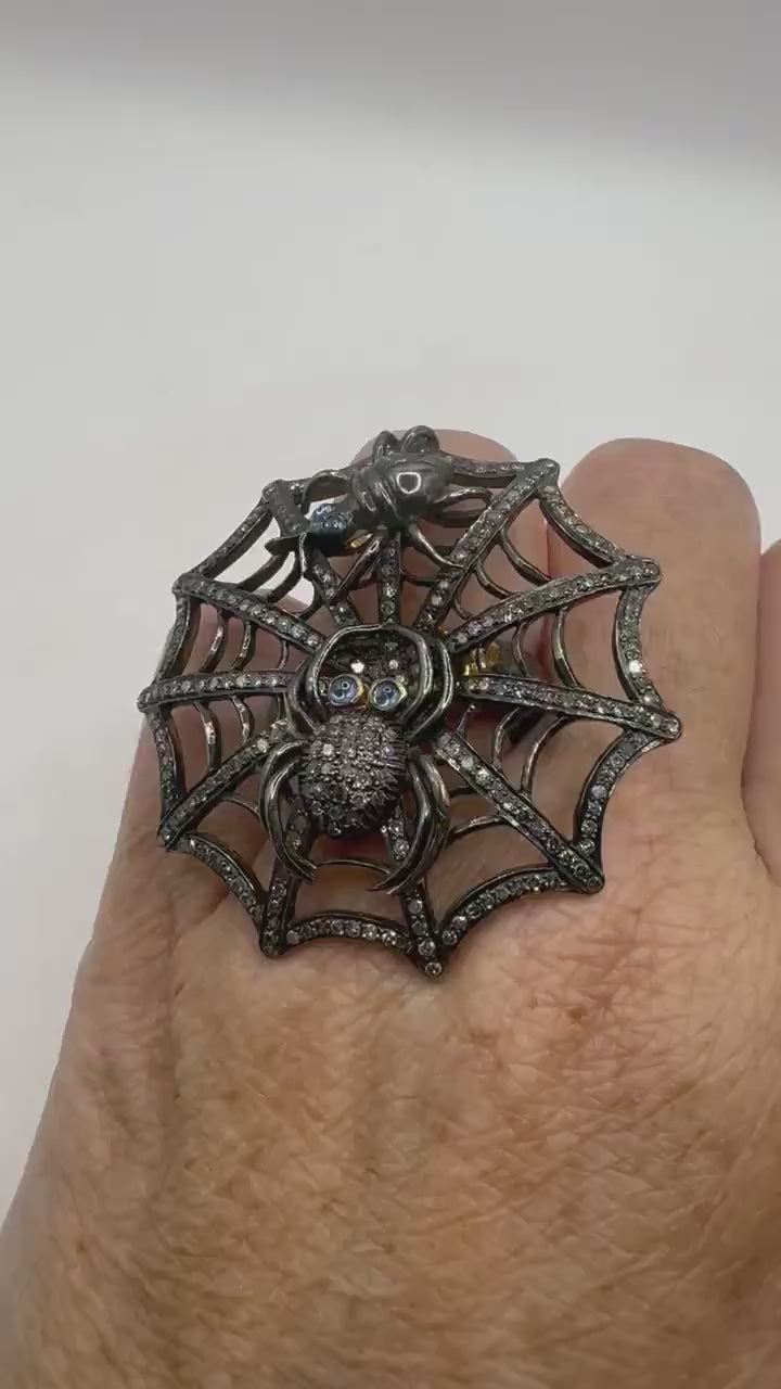 Vintage Spider Ring: Champagne Diamonds, Blue Iolite, Sterling Silver Web