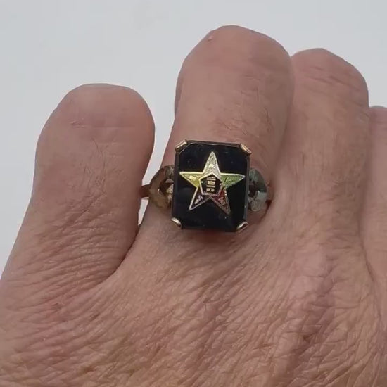 Vintage Lucky Eastern Star Free Mason Ring Golden Filled Enameled with crystal