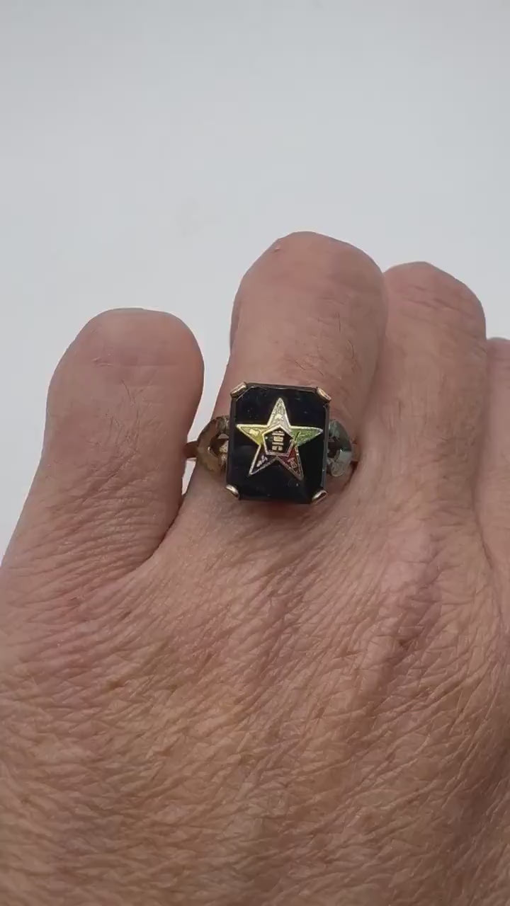 Vintage Lucky Eastern Star Free Mason Ring Golden Filled Enameled with crystal