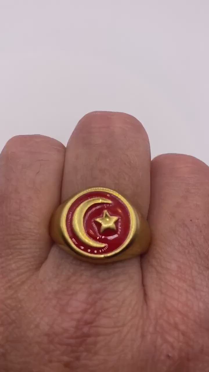 Vintage Goldenen Stainless Steel Muslim Star Cresant Mens Ring