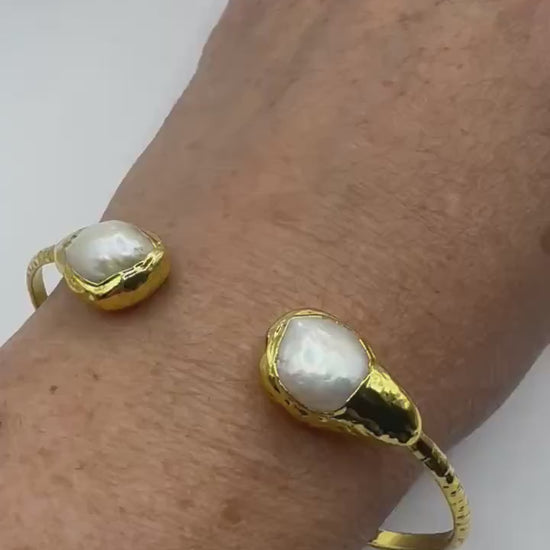 Vintage Pearl Cuff Bangle Bracelet Gold 925 Sterling Silver Hand Made