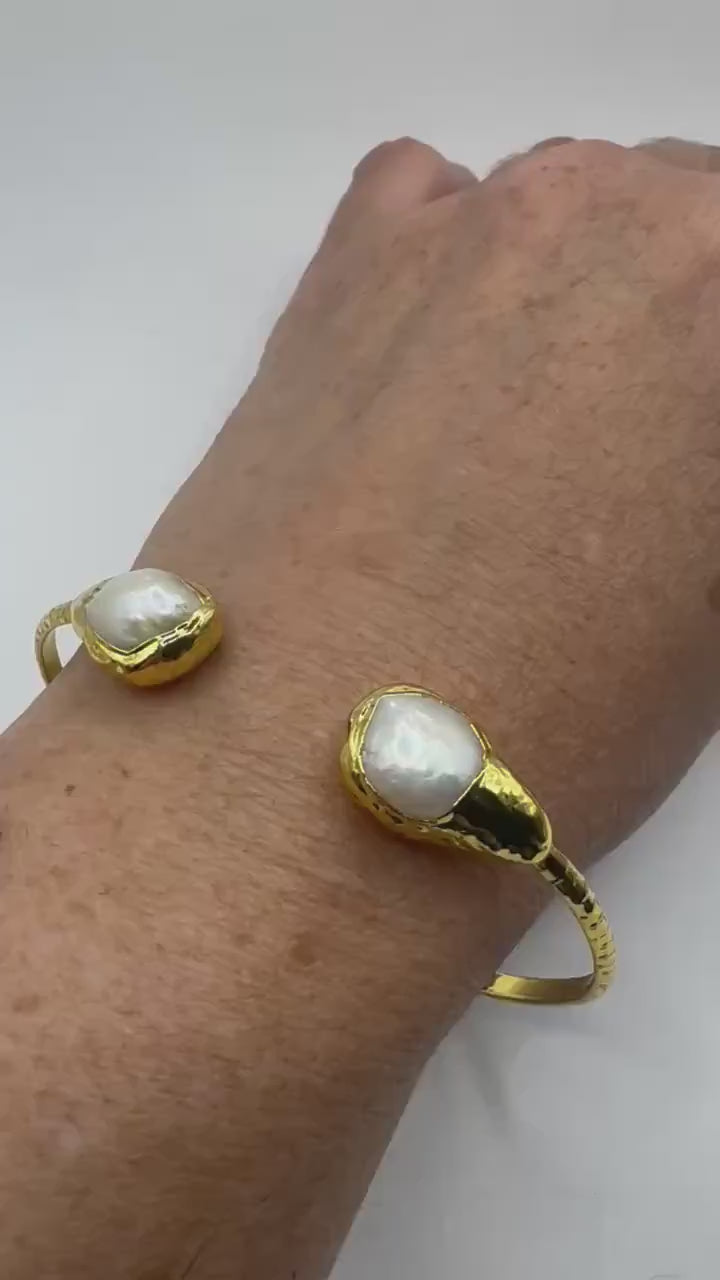 Vintage Pearl Cuff Bangle Bracelet Gold 925 Sterling Silver Hand Made