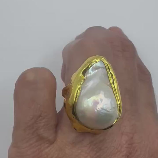 Vintage Flower Pearl Ring Goldenen 925 Sterling Silver Cocktail Statement Adjustable