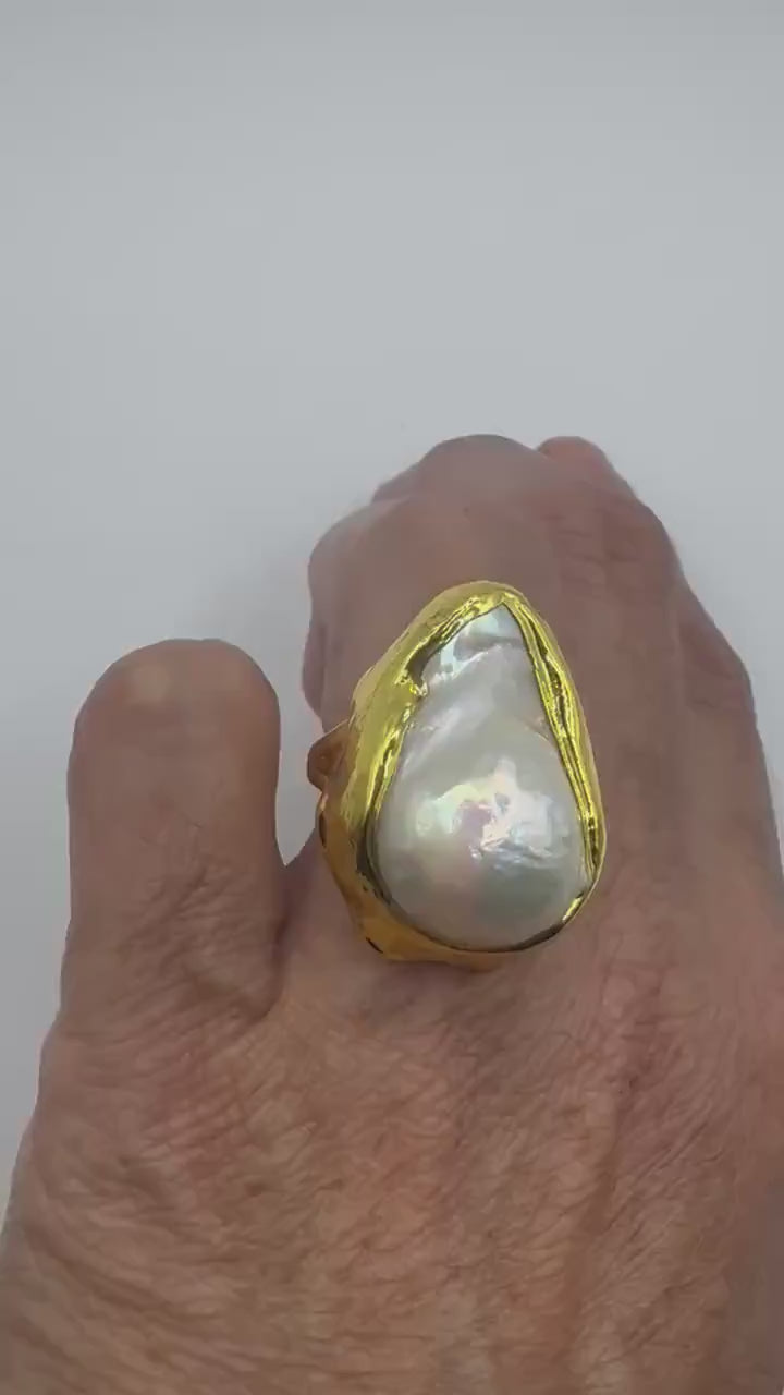 Vintage Flower Pearl Ring Goldenen 925 Sterling Silver Cocktail Statement Adjustable