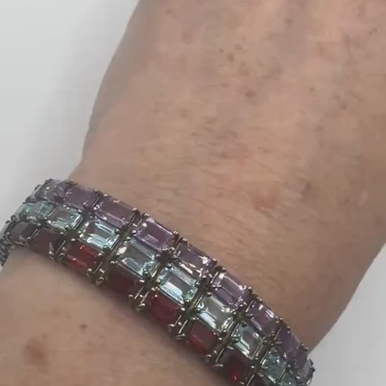 Vintage Garnet Amethyst Blue Topaz 925 Sterling Silver Tennis Bracelet