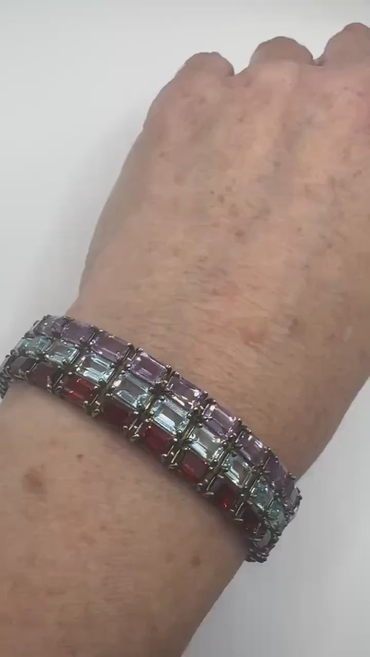 Vintage Garnet Amethyst Blue Topaz 925 Sterling Silver Tennis Bracelet