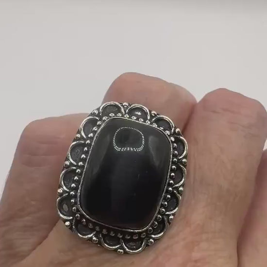 Vintage Black Catseye Silver Bronze Ring
