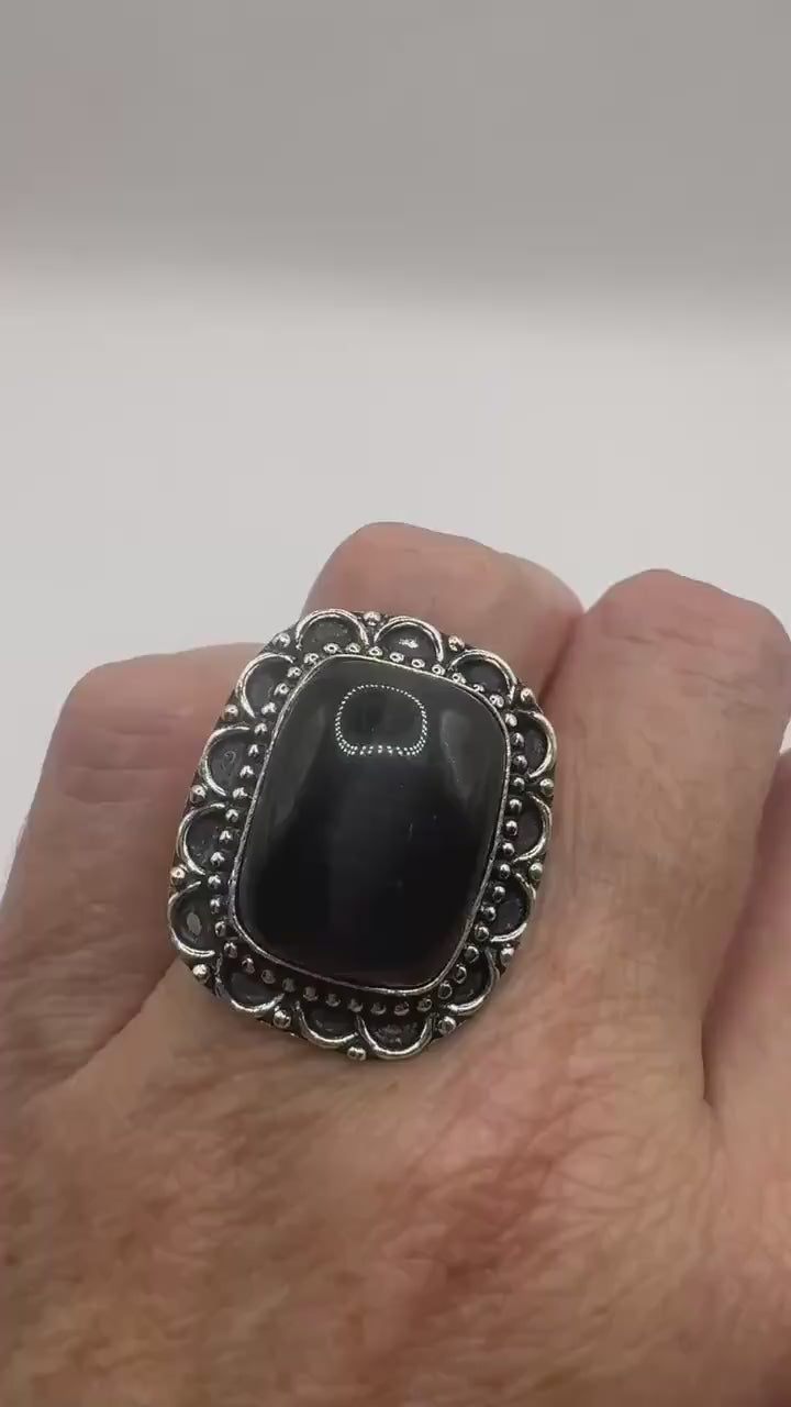 Vintage Black Catseye Silver Bronze Ring