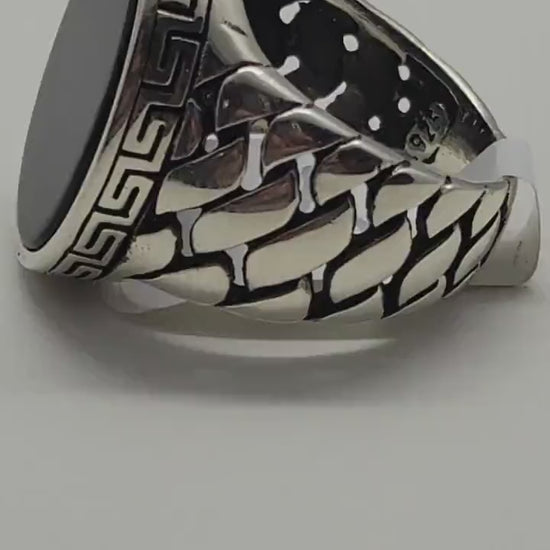 Vintage Black Onyx Mens Ring in 925 Sterling Silver Modern Styled with Genuine Onyx