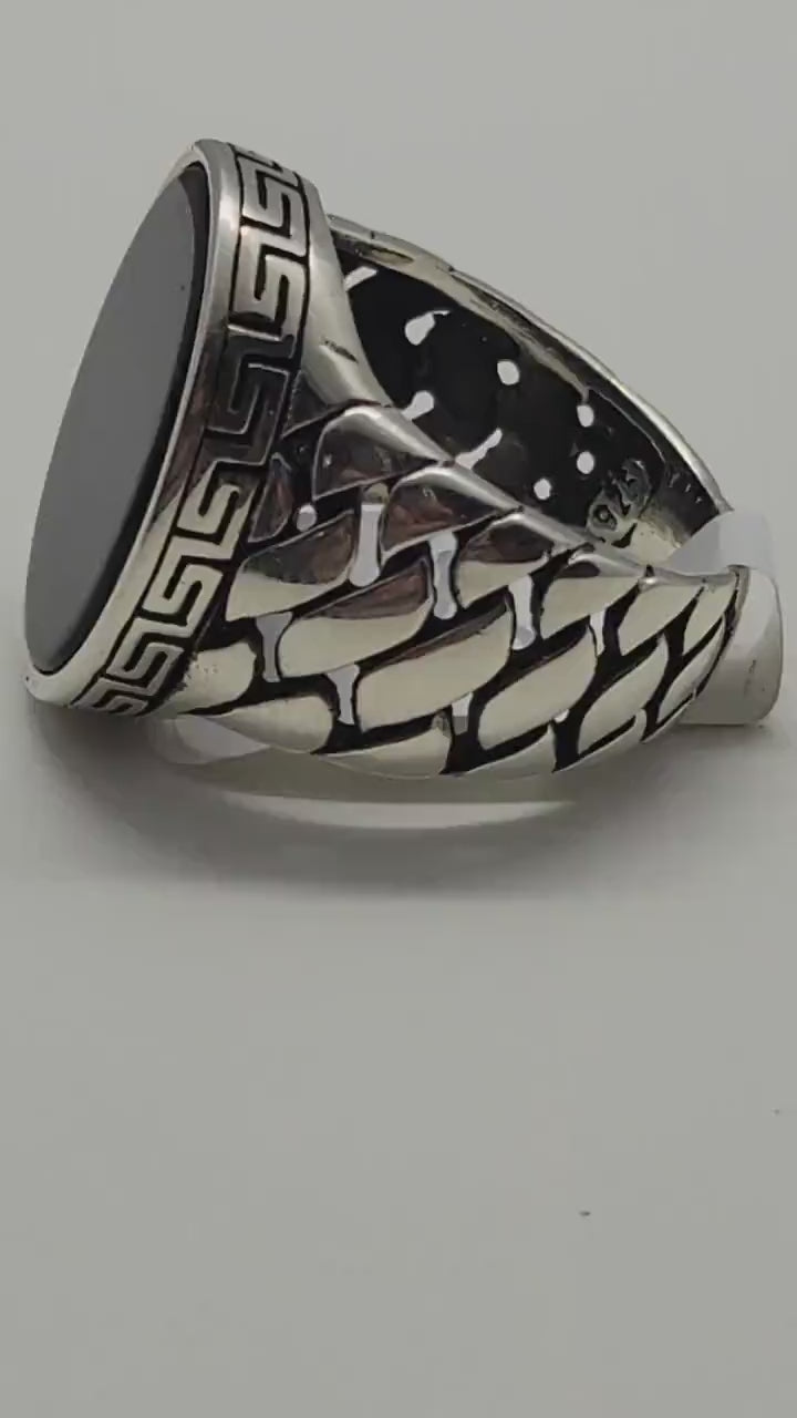 Vintage Black Onyx Mens Ring in 925 Sterling Silver Modern Styled with Genuine Onyx
