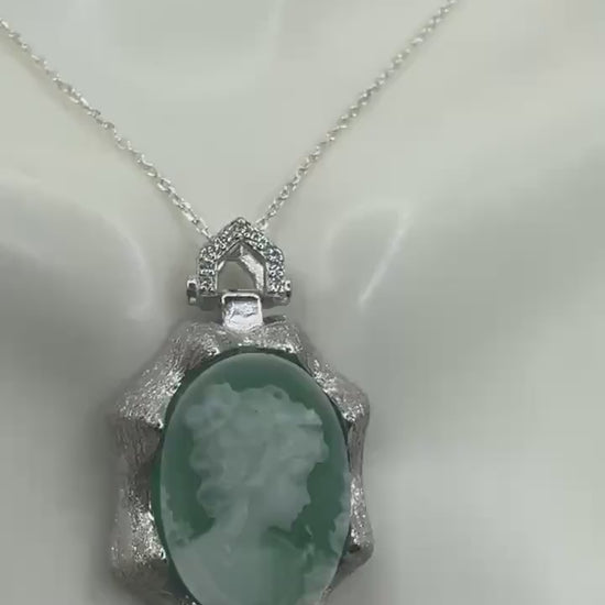 Vintage Carved Green Onyx Cameo  925 Sterling Silver Necklace Choker