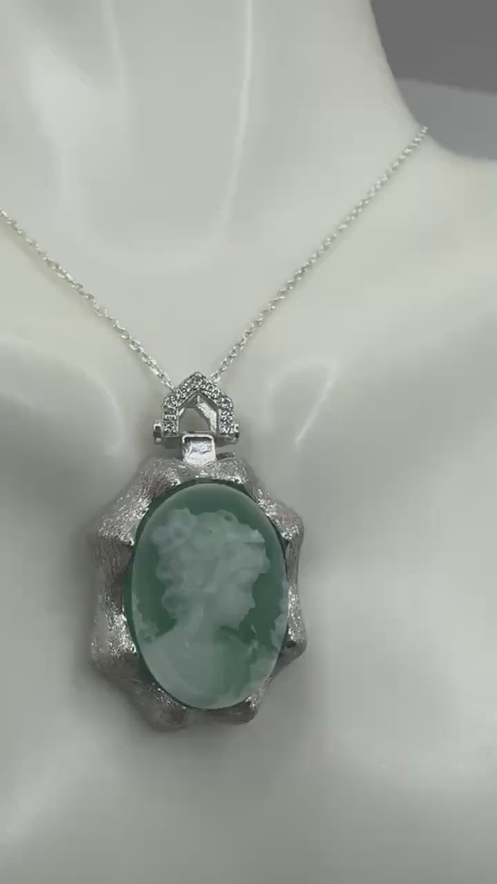 Vintage Carved Green Onyx Cameo  925 Sterling Silver Necklace Choker