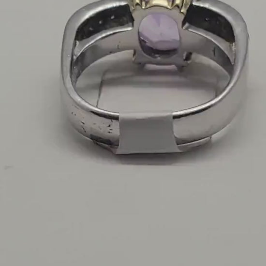 Vintage Purple Amethyst Ring, White Sapphire Sidestones, Sterling Silver with 14k Golden Accent