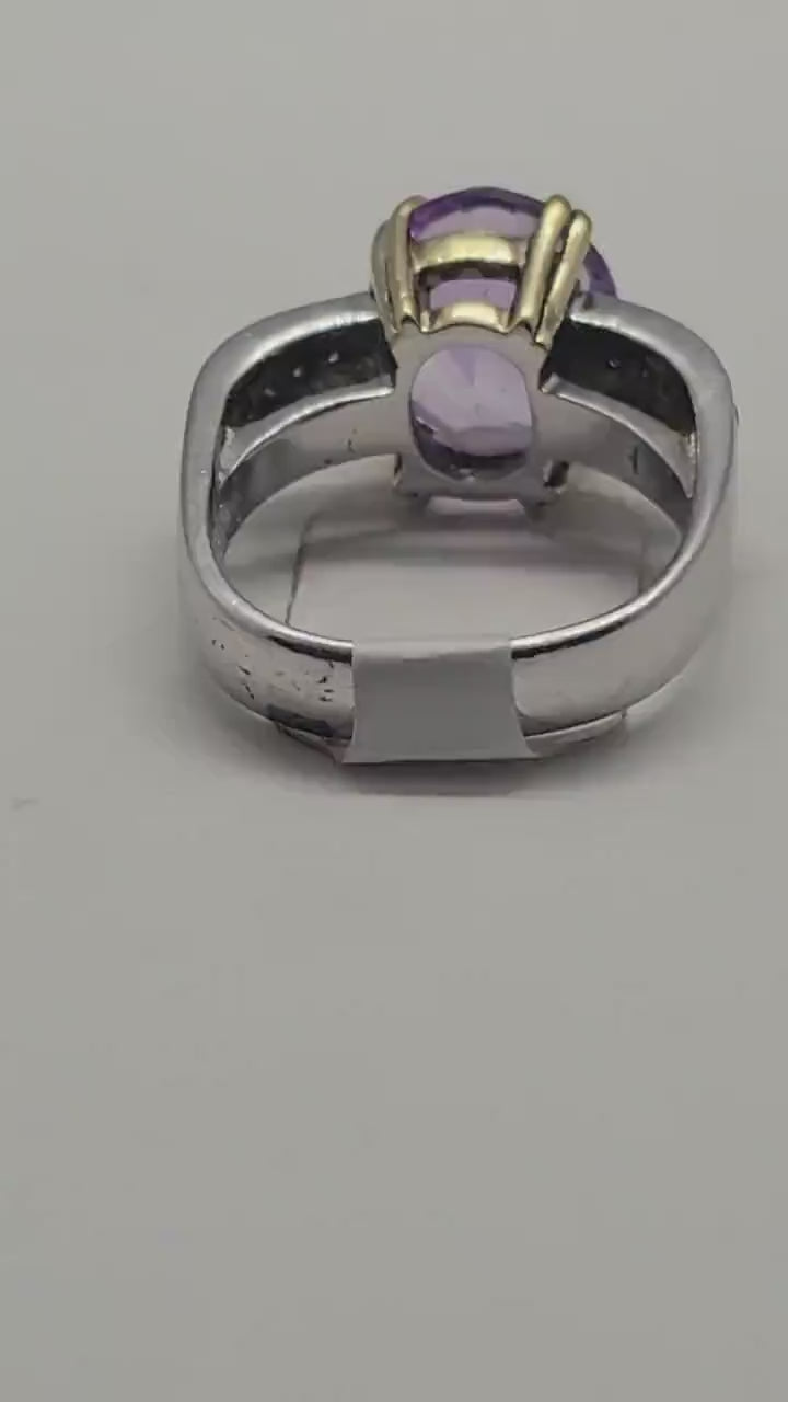 Vintage Purple Amethyst Ring, White Sapphire Sidestones, Sterling Silver with 14k Golden Accent