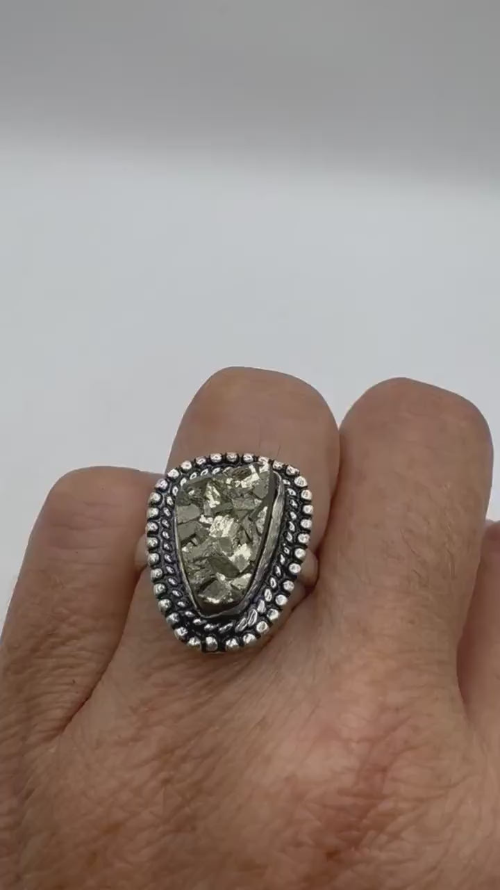 Vintage Golden Pyrite Silver Cocktail Ring Size 6