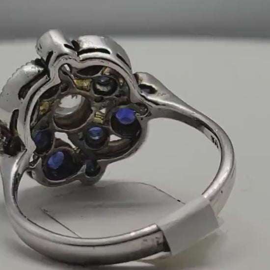Vintage White Sapphire and Blue Sapphire Ring in 925 Sterling Silver