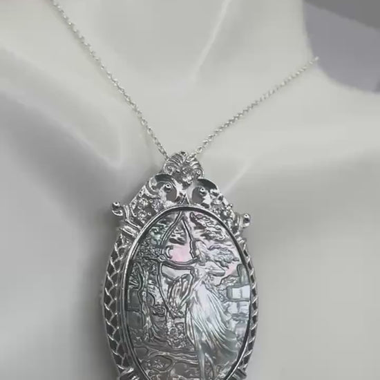 Vintage Archer Goddess Genuine Abalone Cameo Sterling Silver Necklace Pin brooch