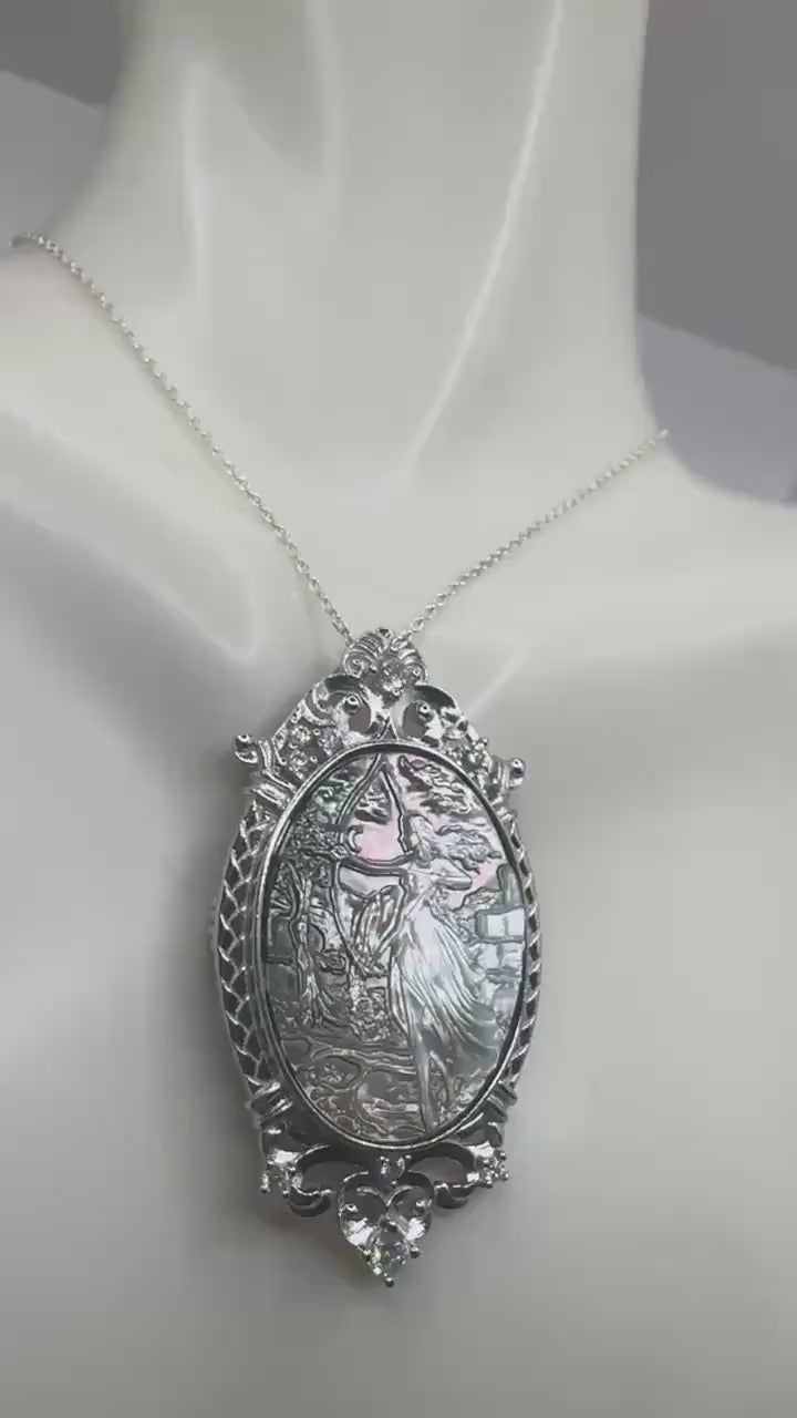Vintage Archer Goddess Genuine Abalone Cameo Sterling Silver Necklace Pin brooch