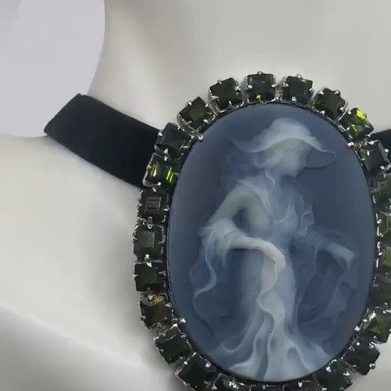 Vintage Moon Goddess Genuine Black Onyx Cameo Gold Sterling Silver Necklace Pin Brooch