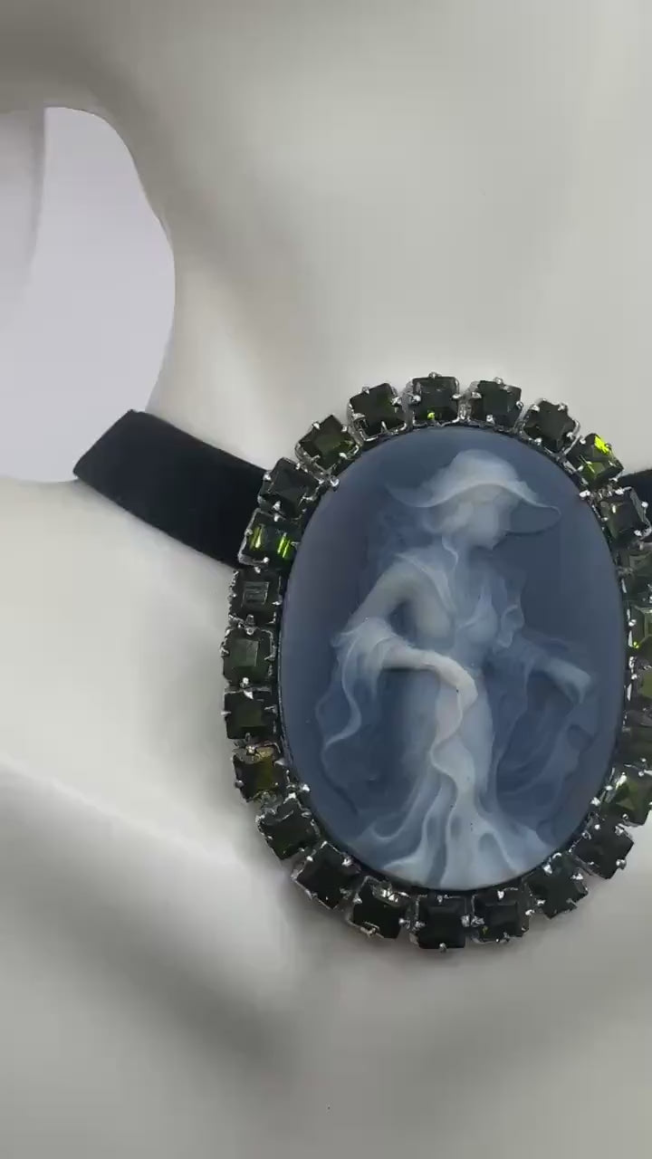 Vintage Moon Goddess Genuine Black Onyx Cameo Gold Sterling Silver Necklace Pin Brooch