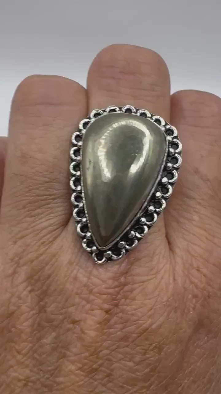 Vintage Golden Pyrite Silver Cocktail Ring Size 8