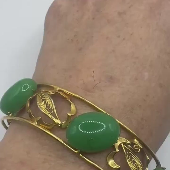 Vintage Green Jade Bangle Bracelet Gold filled Cuff