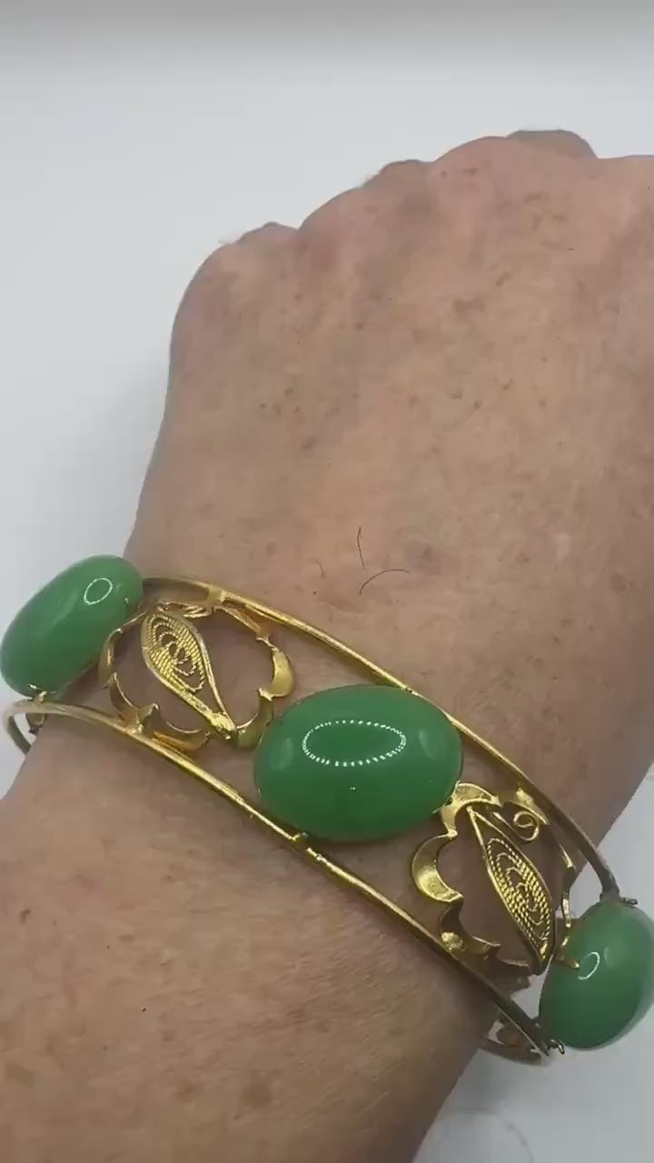 Vintage Green Jade Bangle Bracelet Gold filled Cuff