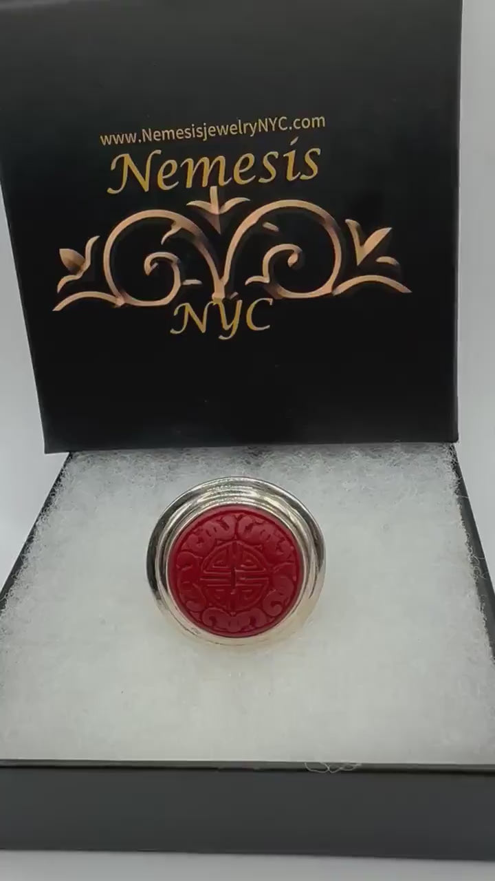 Antique Red Cinnabar Statement Ring 925 sterling silver size 8 1/2