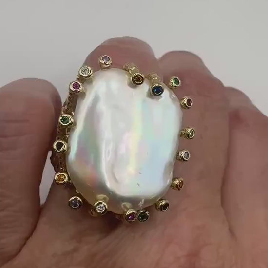 Vintage Biwa Pearl Ring Golden 925 Sterling Silver Cocktail Statement Adjustable