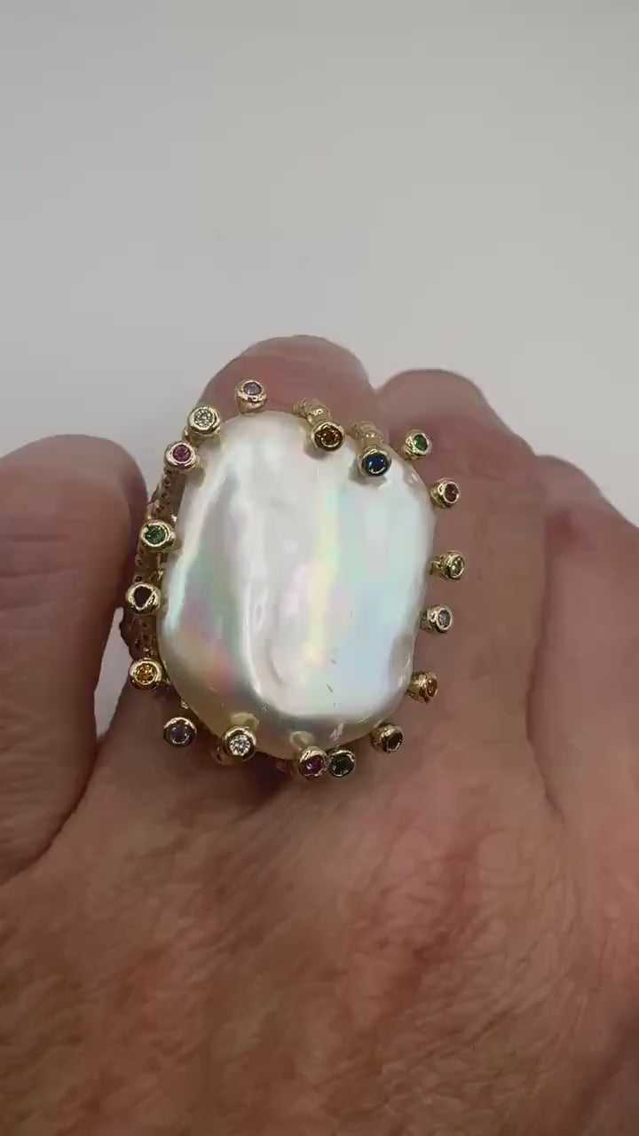 Vintage Biwa Pearl Ring Golden 925 Sterling Silver Cocktail Statement Adjustable