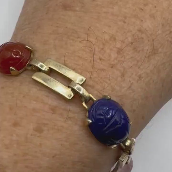 Vintage Scarab Bracelet Gold filled Carved Gemstones