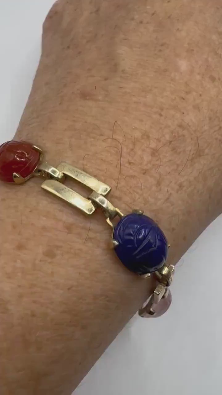 Vintage Scarab Bracelet Gold filled Carved Gemstones