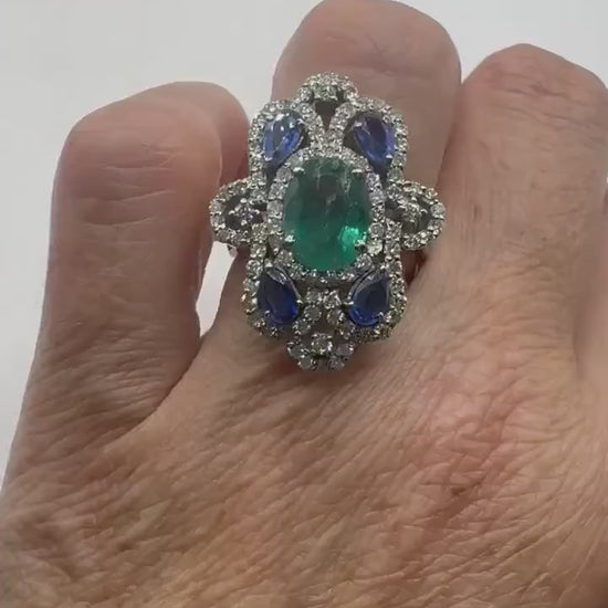 Vintage Emerald Tanzanite Diamond Cocktail Ring 925 Sterling Silver Size 6.5