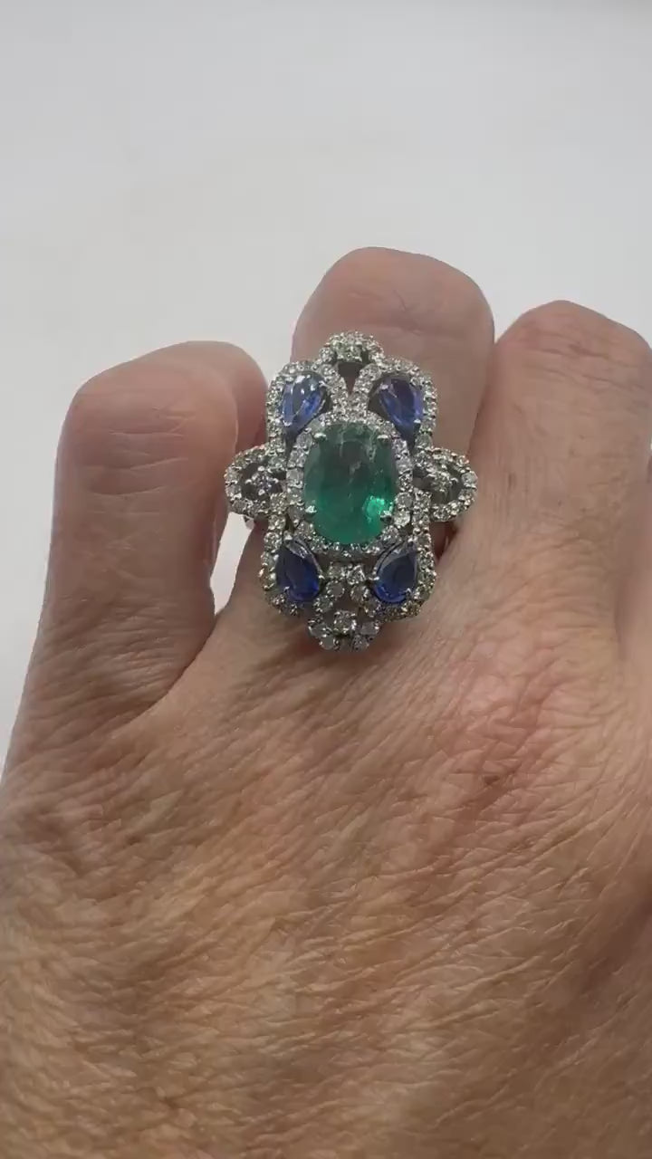 Vintage Emerald Tanzanite Diamond Cocktail Ring 925 Sterling Silver Size 6.5