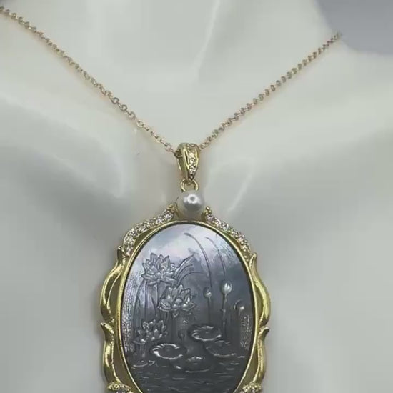 Vintage Lotus Flower Genuine Abalone Cameo Golden 925 Sterling Silver Necklace